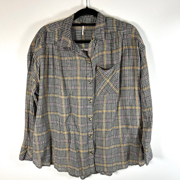 Women’s Free People Plaid Long Sleeve Button Down Top Shirt Small Oversized Boho - Picture 1 of 9